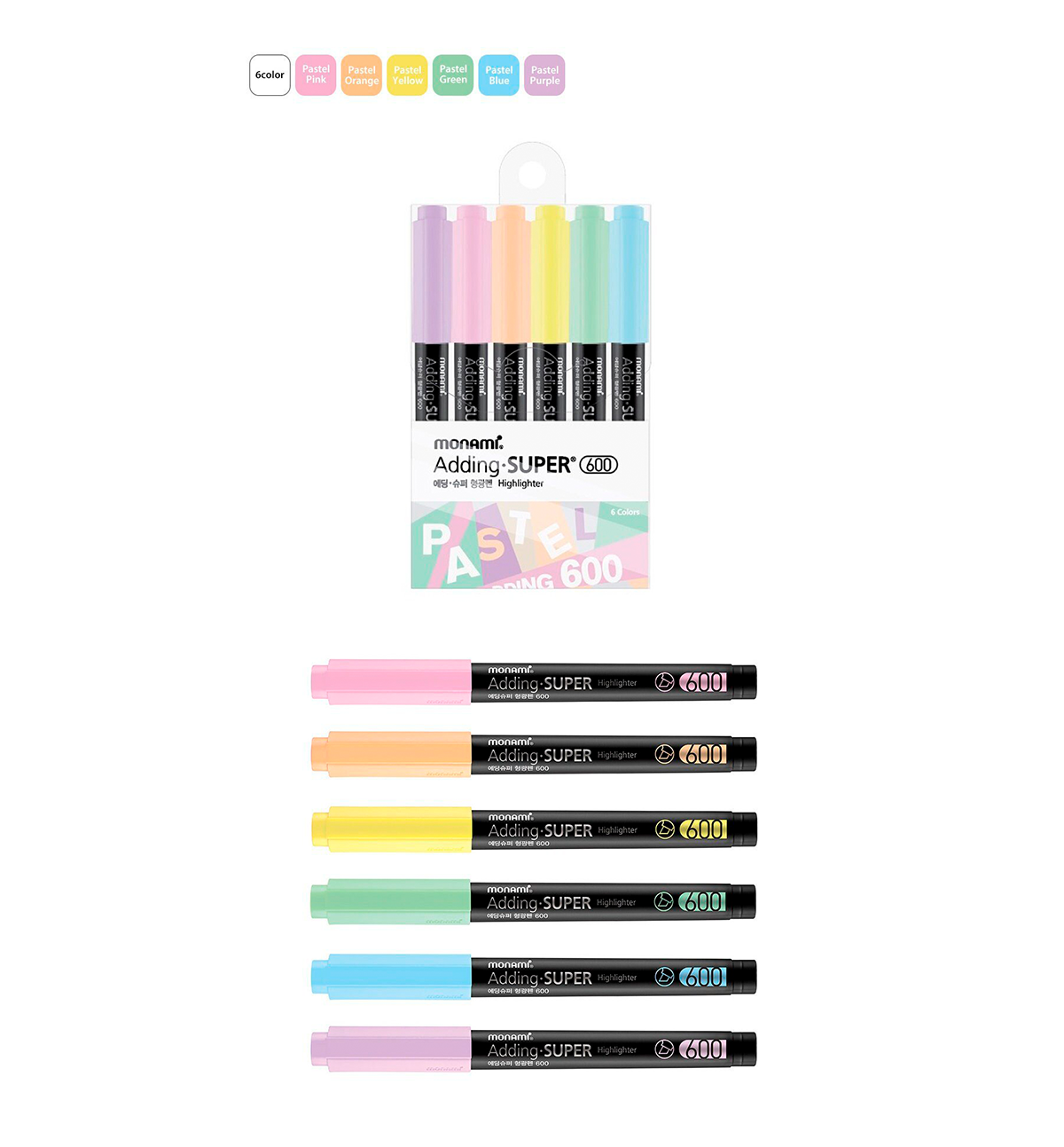 6 Color Highlighter Pen Set Adding-Super 600 [Pastel]
