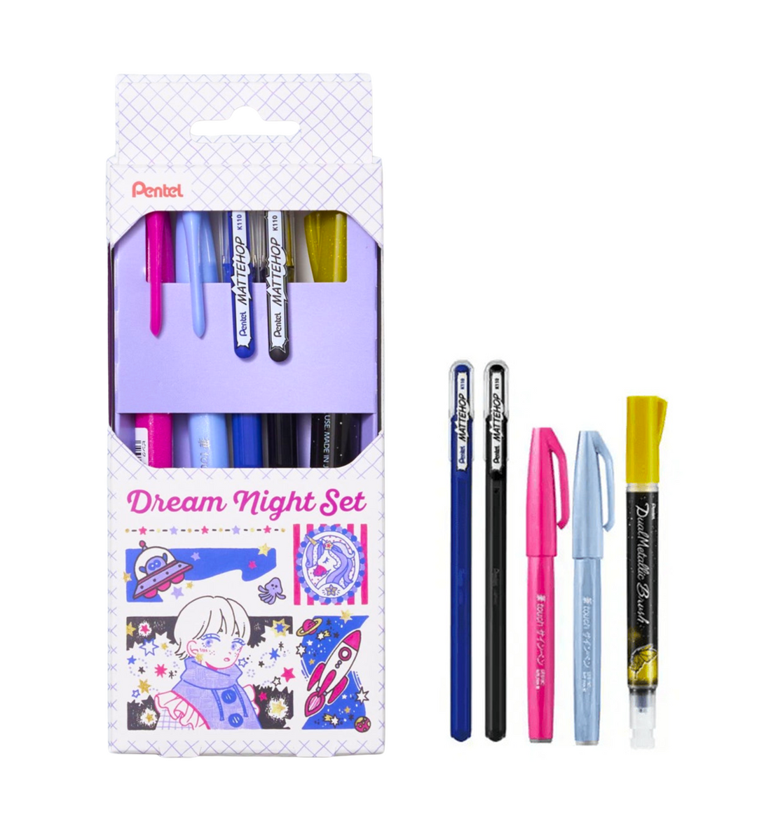 [Japan] Pentel Mattehop and Brush Pen Set [Dream Night]