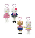 Set of four Hello Kitty plush toys with heart-shaped clips on a white background