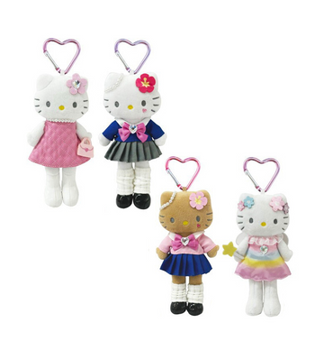 Set of four Hello Kitty plush toys with heart-shaped clips on a white background