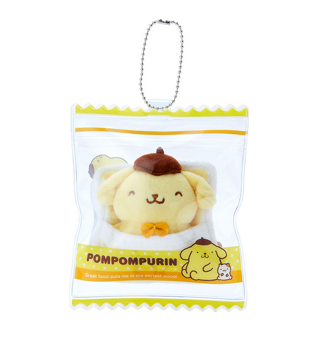 A plush mascot holder featuring the character Pompompurin, sealed in a clear packaging with a yellow and green aesthetic.