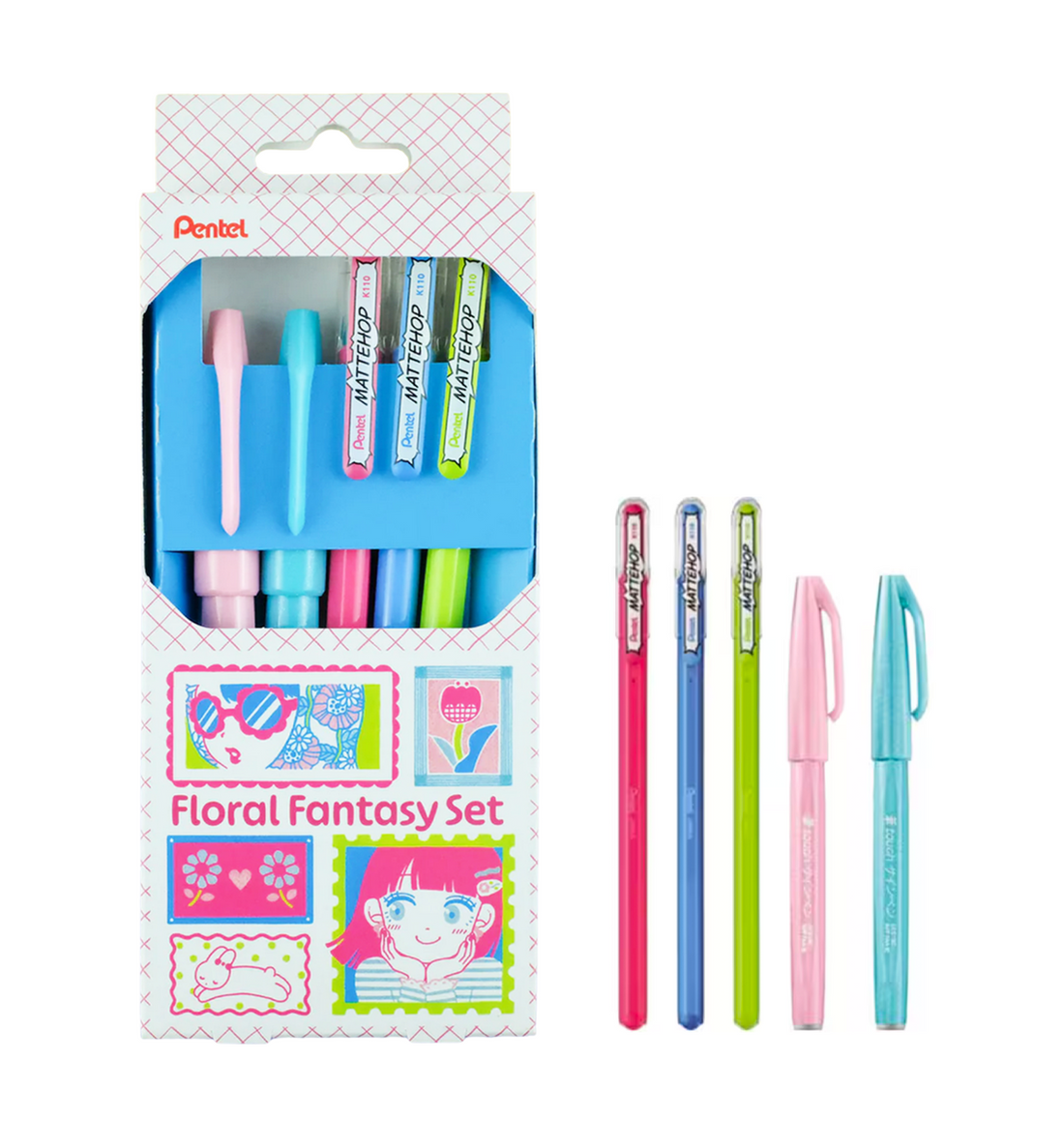 [Japan] Pentel Mattehop and Brush Pen Set [Floral Fantasy]