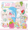 A die-cut sticker sheet featuring anime-style illustrations with the text 'Lazy pink' in a thought bubble. The designs include a blonde girl in a white bunny outfit holding a blue dolphin, another blonde girl in a pink bunny suit with a clock, a blue dolphin, a cupcake, a strawberry, a watermelon slice, a rabbit toy, and other pastel-themed doodles on a pink background.