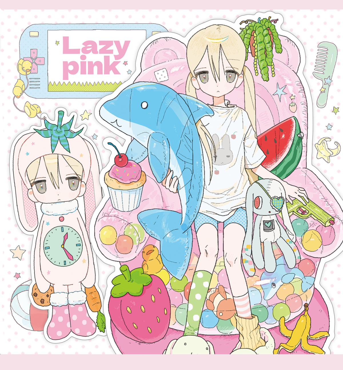 A die-cut sticker sheet featuring anime-style illustrations with the text 'Lazy pink' in a thought bubble. The designs include a blonde girl in a white bunny outfit holding a blue dolphin, another blonde girl in a pink bunny suit with a clock, a blue dolphin, a cupcake, a strawberry, a watermelon slice, a rabbit toy, and other pastel-themed doodles on a pink background.