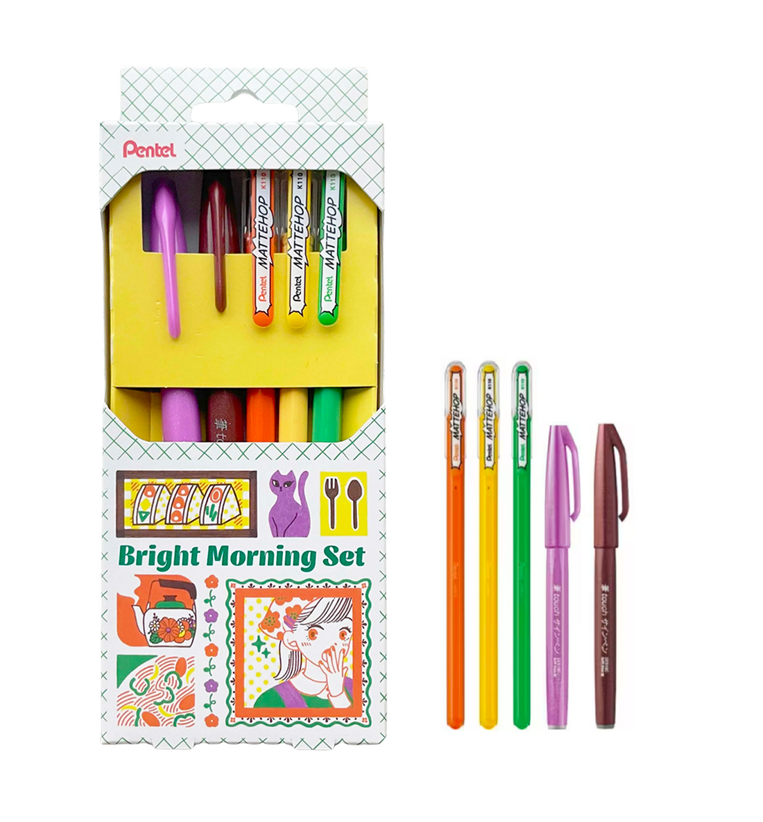 [Japan] Pentel Mattehop and Brush Pen Set [Bright Morning]