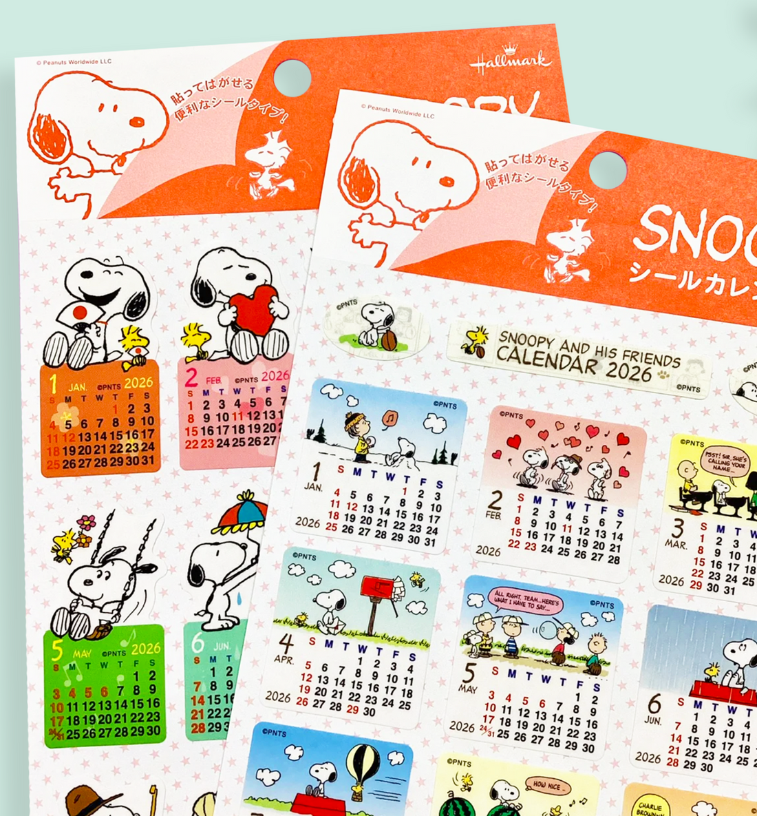 Snoopy-themed calendar with cartoon characters on a white background