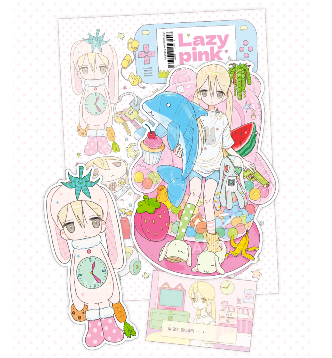 A die-cut sticker sheet featuring anime-style illustrations with the text 'Lazy pink' in a thought bubble. The designs include a blonde girl in a white bunny outfit holding a blue dolphin, another blonde girl in a pink bunny suit with a clock, a blue dolphin, a cupcake, a strawberry, a watermelon slice, a rabbit toy, and other pastel-themed doodles on a pink background.