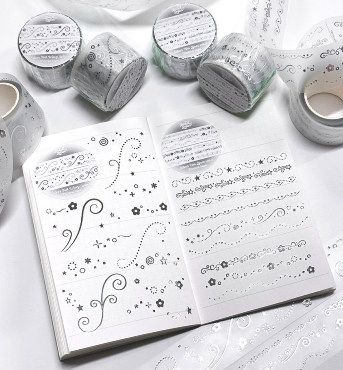 3D Silver Foil Wavy Wave & Deco Line Kiss Cut Washi Tape Ver. 2