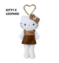 Hello Kitty with leopard print dress and heart-shaped clip on a white background.