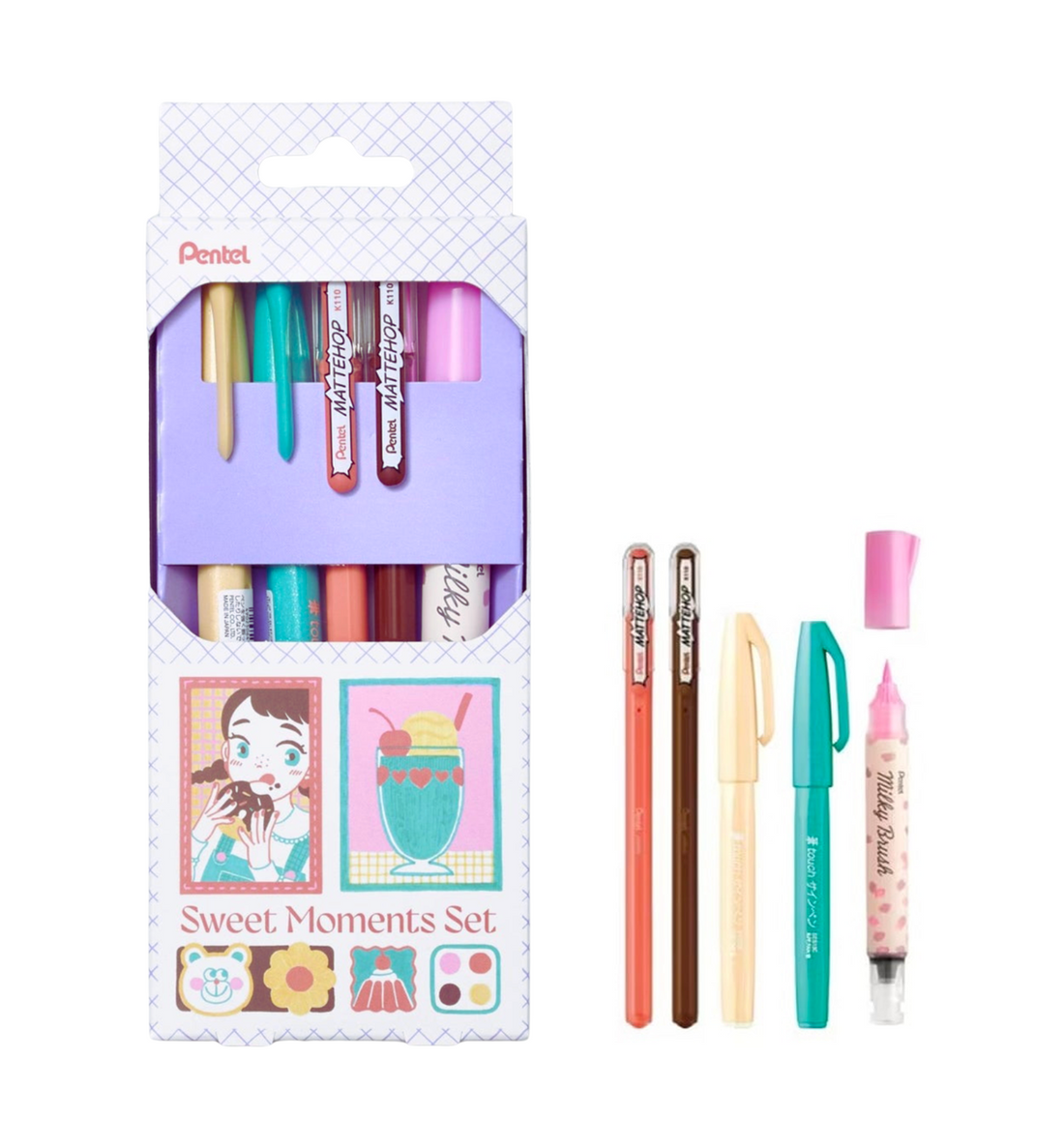 [Japan] Pentel Mattehop and Brush Pen Set [Sweet Moments]
