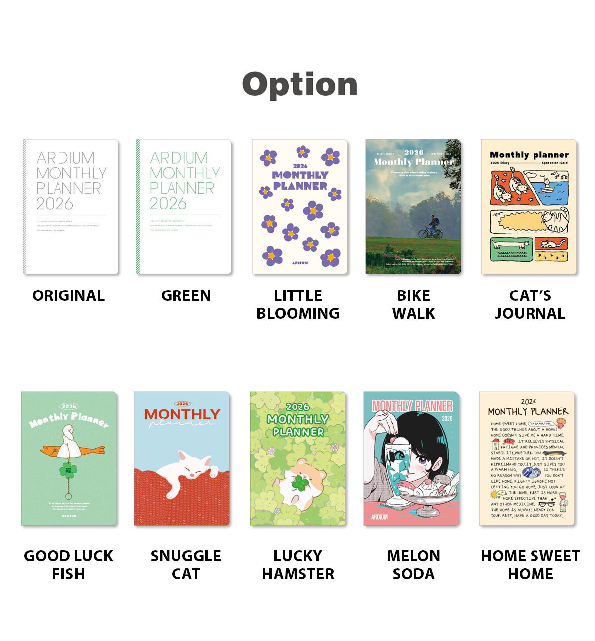 Collection of monthly planners with various designs and titles on a white background.