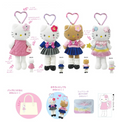 Set of Hello Kitty plush toys with various outfits and a bag clip on a white background.