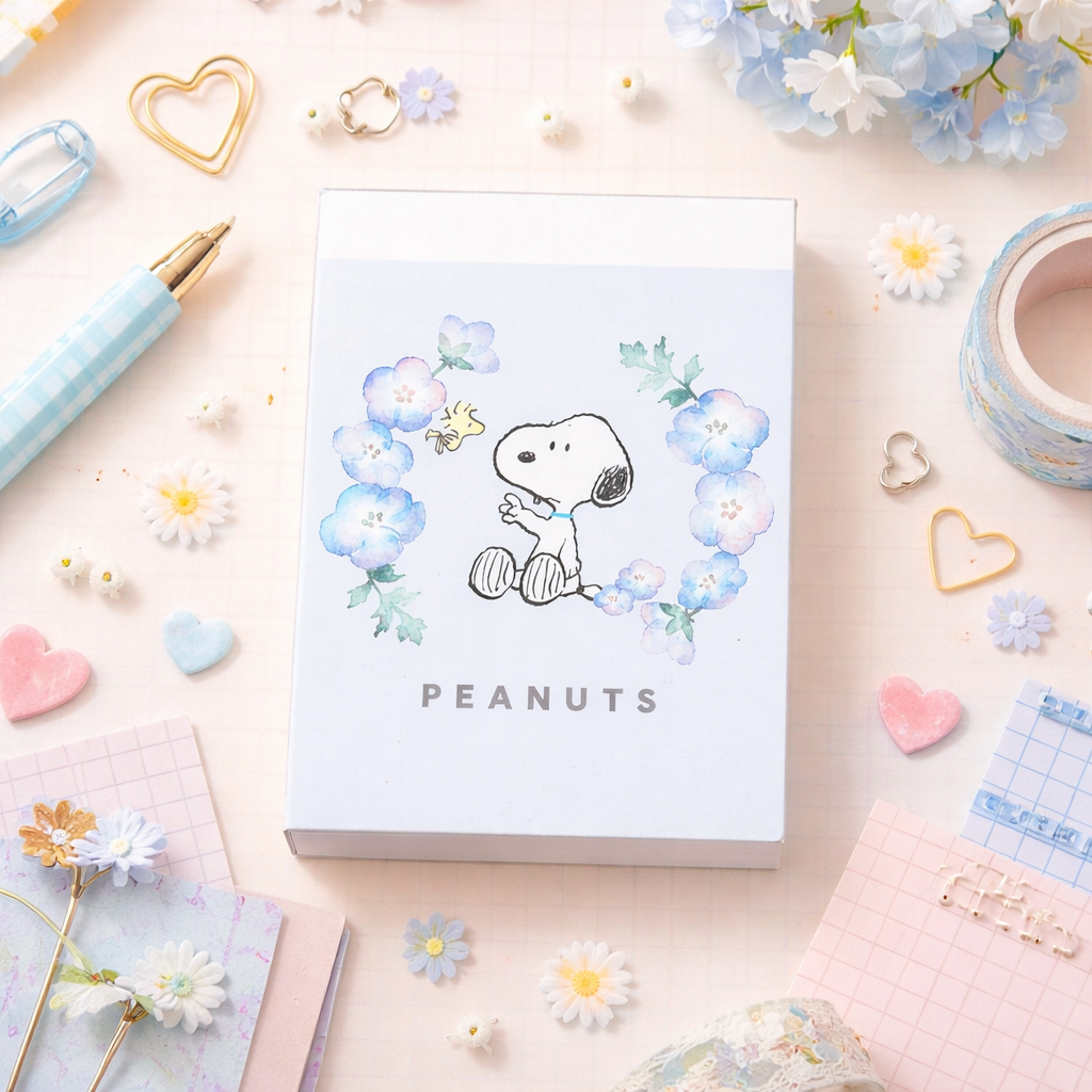 Peanuts-themed product packaging with Snoopy illustration on a pastel background with flowers and stationery items.